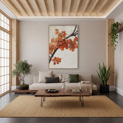 Orange Autumn Branch Japandi Botanical wall art in a calm Japandi-style room – dark branch with orange leaves