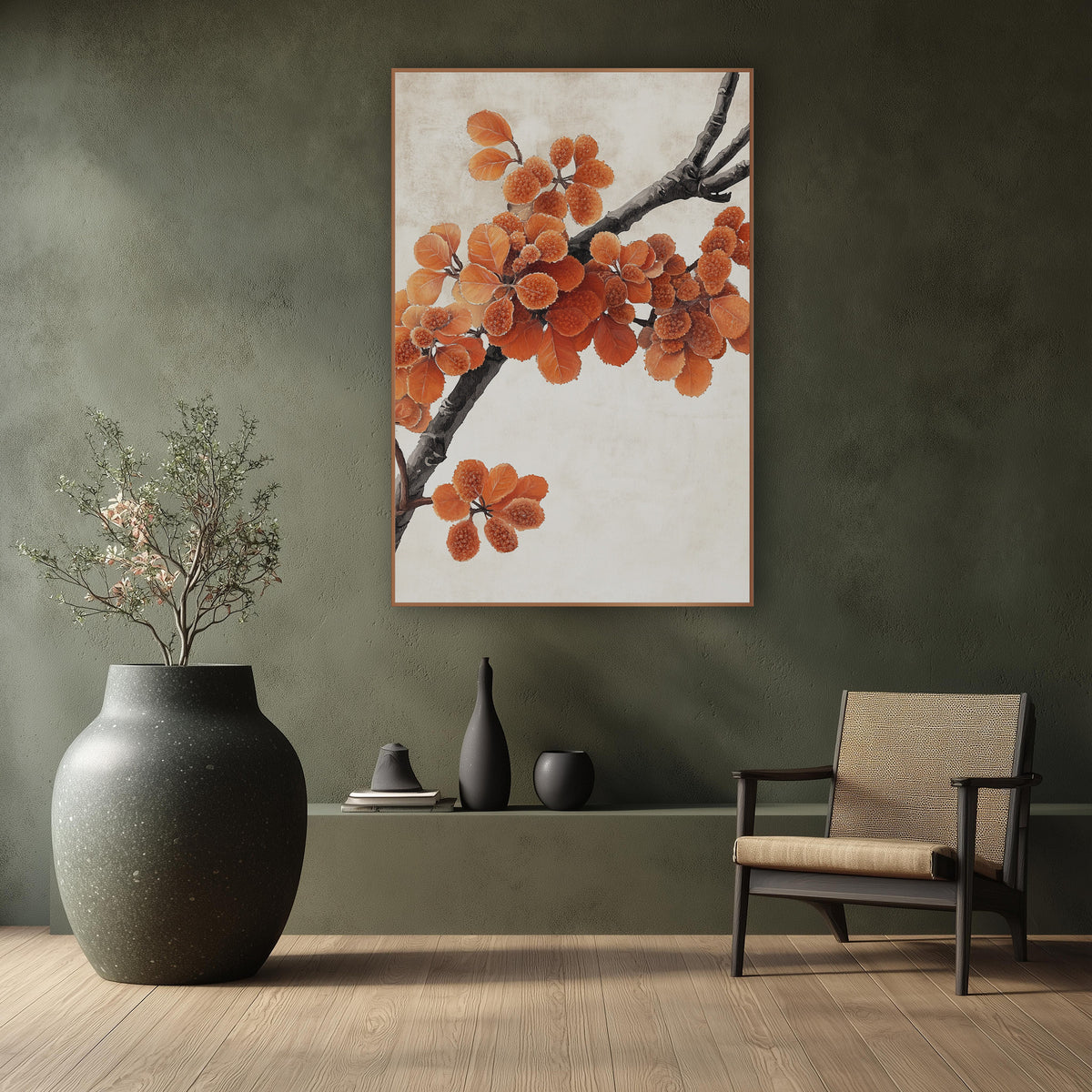 Orange Autumn Branch Japandi Botanical wall art in a calm Japandi-style room – dark branch with orange leaves