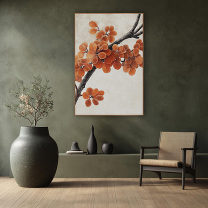 Orange Autumn Branch Japandi Botanical wall art in a calm Japandi-style room – dark branch with orange leaves