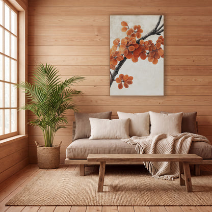 Orange Autumn Branch Japandi Botanical wall art in a calm Japandi-style room – dark branch with orange leaves