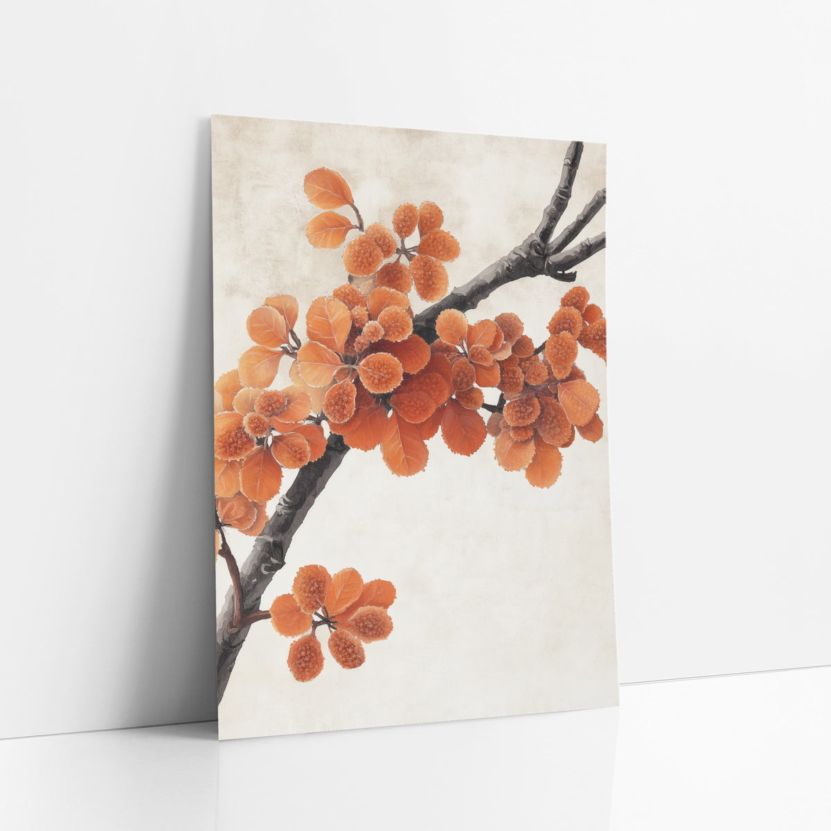 Orange Autumn Branch Japandi Botanical art print leaning against a white wall – dark branch with orange leaves and fuzzy