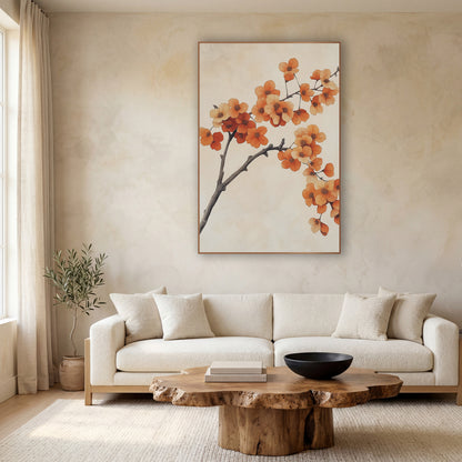 Orange Blossom Branch Japandi Botanical wall art in a calm Japandi-style room – gray-brown branch with clusters