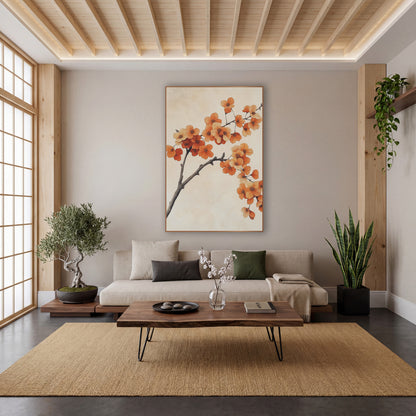 Orange Blossom Branch Japandi Botanical wall art in a calm Japandi-style room – gray-brown branch with clusters