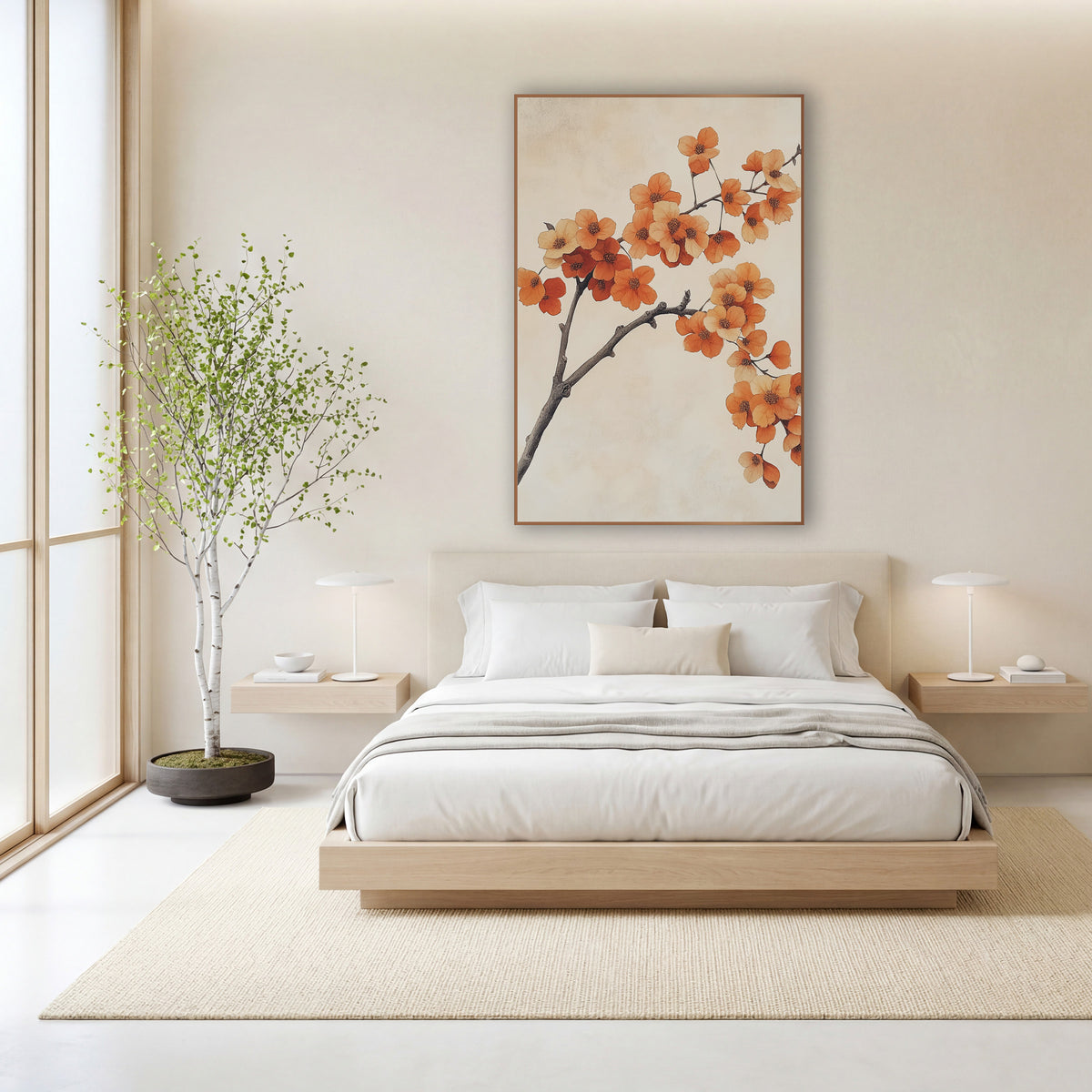 Orange Blossom Branch Japandi Botanical wall art in a calm Japandi-style room – gray-brown branch with clusters