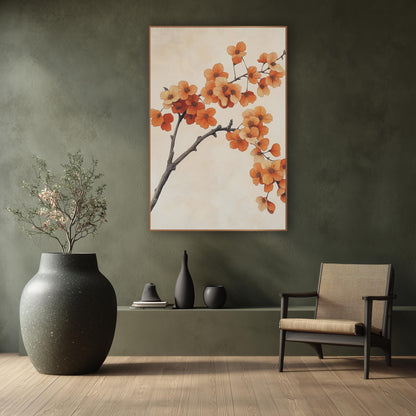 Orange Blossom Branch Japandi Botanical wall art in a calm Japandi-style room – gray-brown branch with clusters