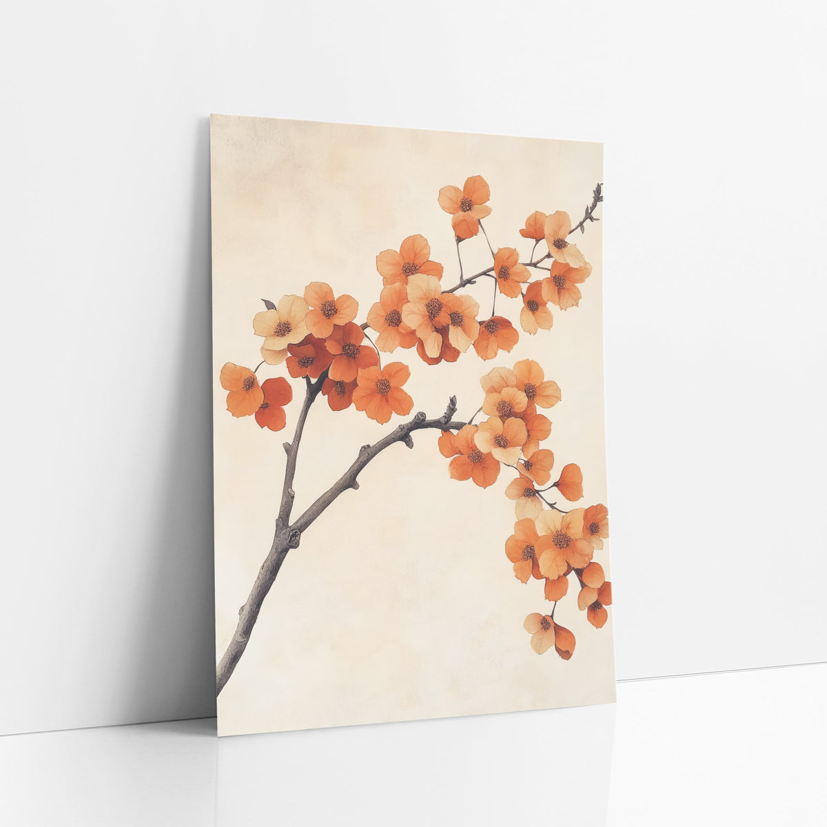 Orange Blossom Branch Japandi Botanical art print leaning against a white wall – gray-brown branch with clusters of orange