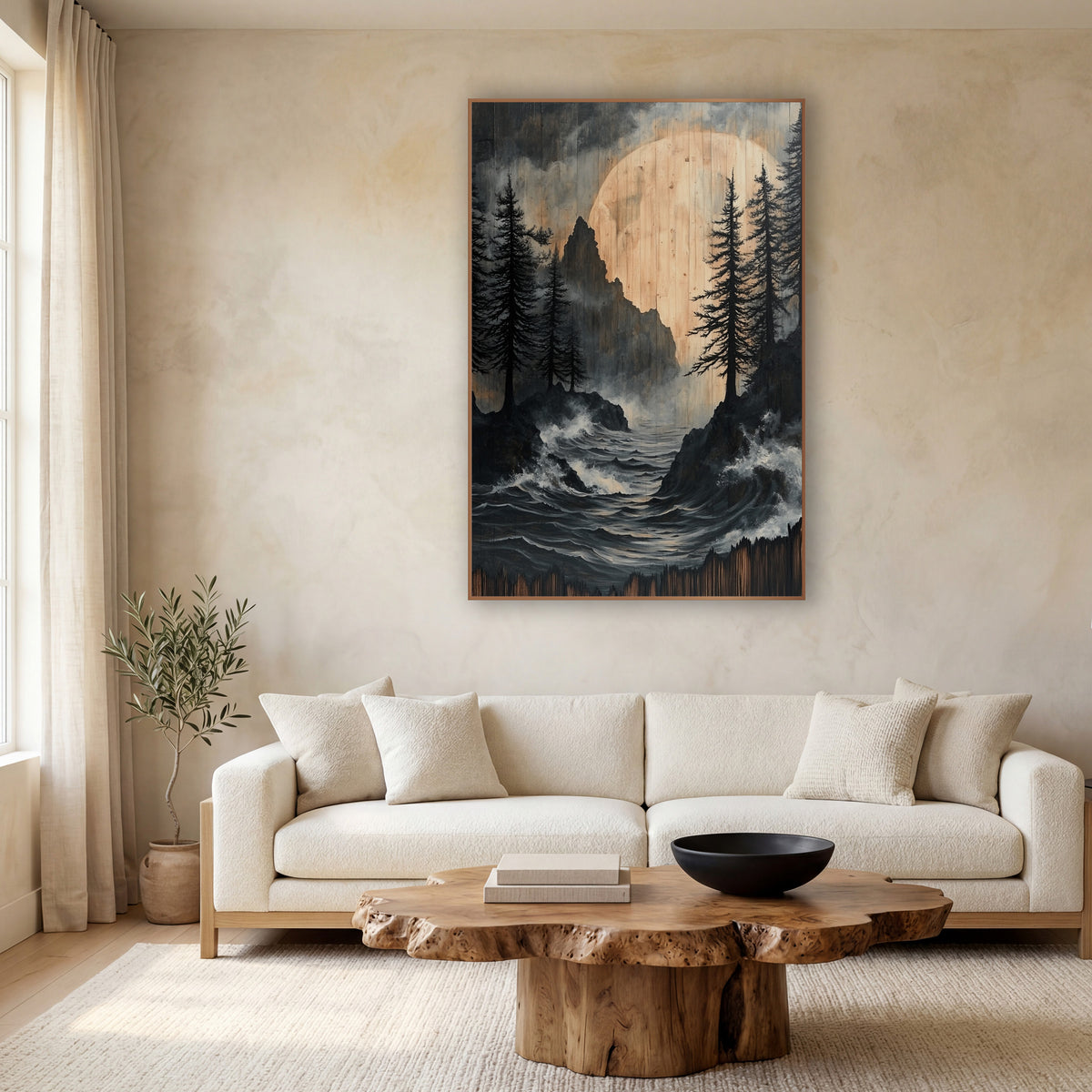 Dark Pines Stormy Coast Japandi wall art in a calm Japandi-style room – black evergreens on rocky shores above