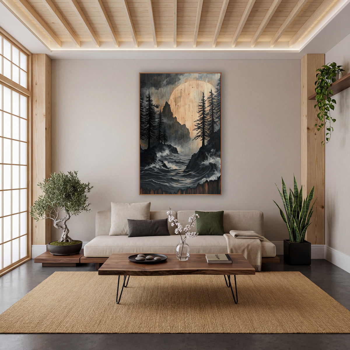 Dark Pines Stormy Coast Japandi wall art in a calm Japandi-style room – black evergreens on rocky shores above