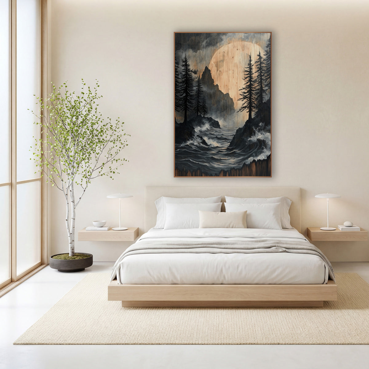 Dark Pines Stormy Coast Japandi wall art in a calm Japandi-style room – black evergreens on rocky shores above