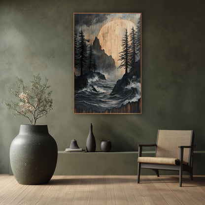 Dark Pines Stormy Coast Japandi wall art in a calm Japandi-style room – black evergreens on rocky shores above