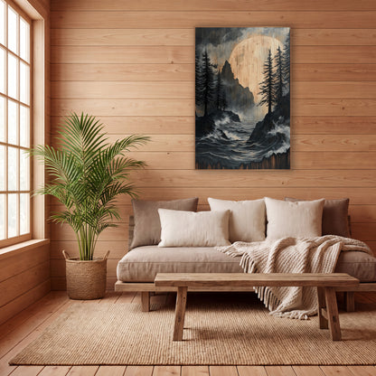 Dark Pines Stormy Coast Japandi wall art in a calm Japandi-style room – black evergreens on rocky shores above