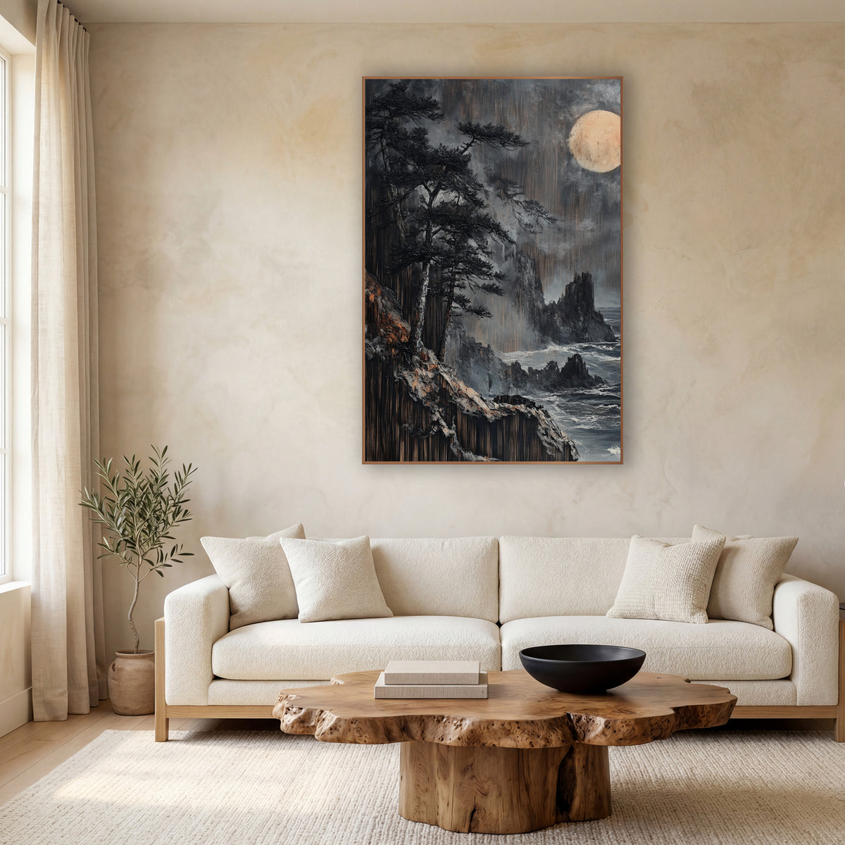 Moonlit Black Pine Coastal Japandi wall art in a calm Japandi-style room – dark evergreens on a rocky coastal cliff