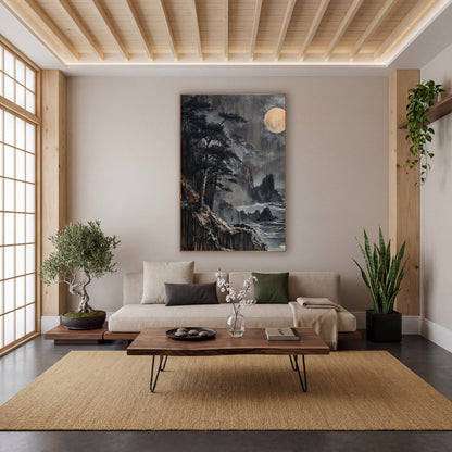 Moonlit Black Pine Coastal Japandi wall art in a calm Japandi-style room – dark evergreens on a rocky coastal cliff