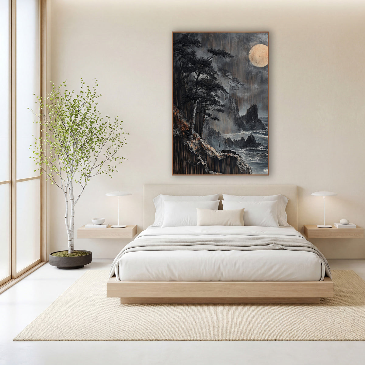 Moonlit Black Pine Coastal Japandi wall art in a calm Japandi-style room – dark evergreens on a rocky coastal cliff
