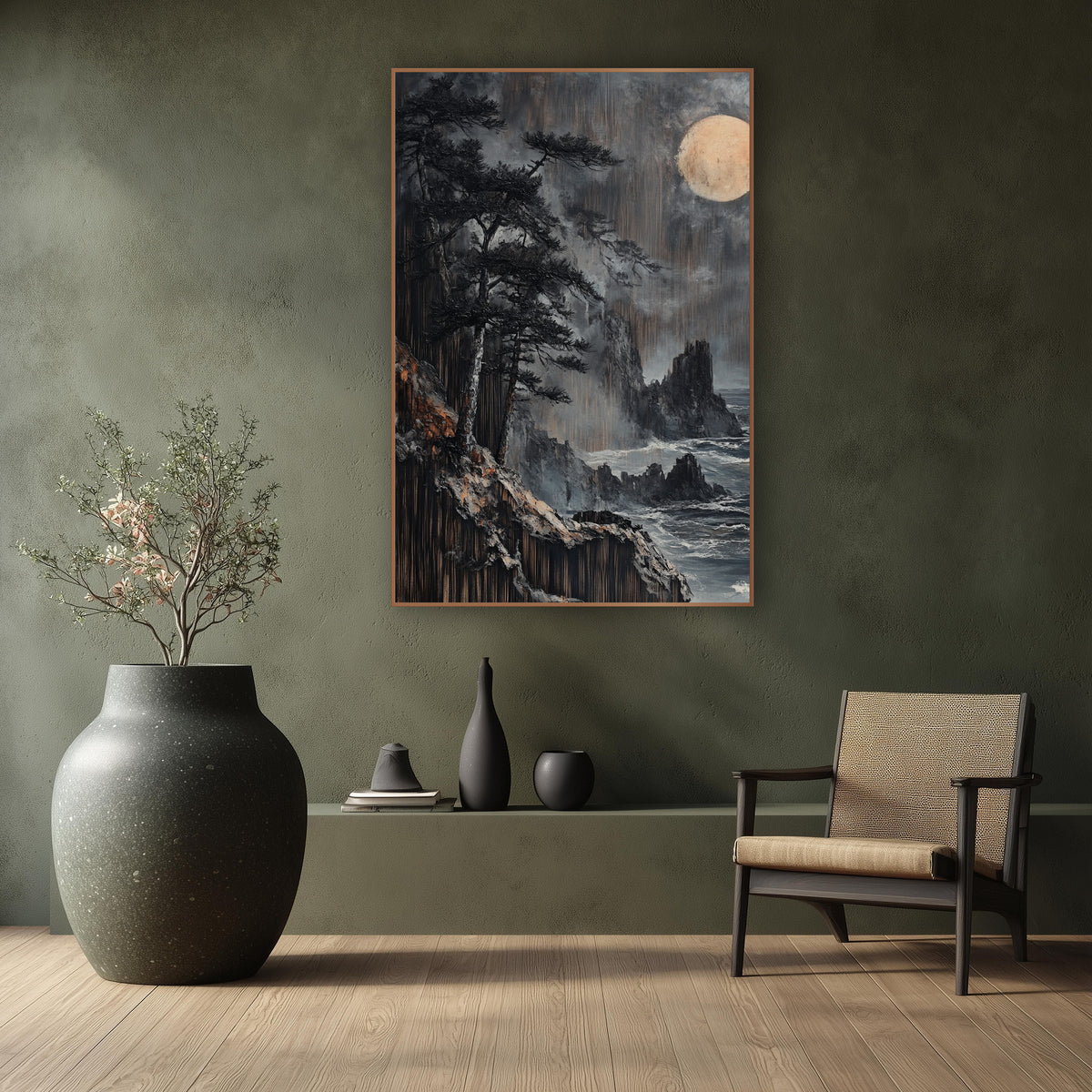 Moonlit Black Pine Coastal Japandi wall art in a calm Japandi-style room – dark evergreens on a rocky coastal cliff