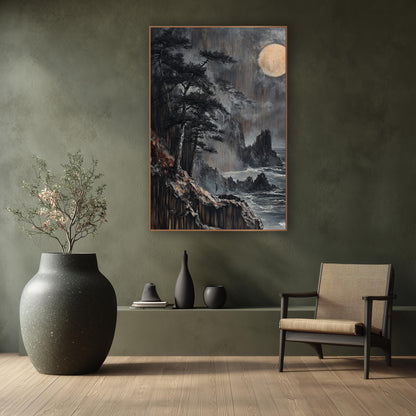 Moonlit Black Pine Coastal Japandi wall art in a calm Japandi-style room – dark evergreens on a rocky coastal cliff