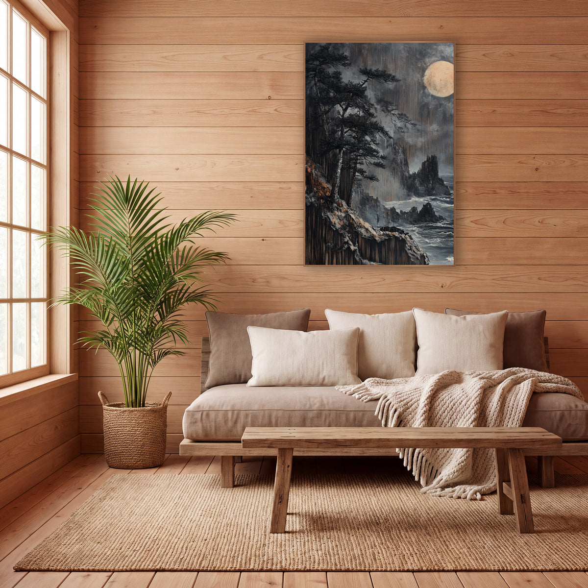 Moonlit Black Pine Coastal Japandi wall art in a calm Japandi-style room – dark evergreens on a rocky coastal cliff