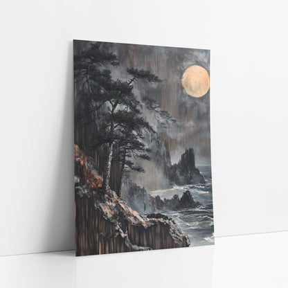 Moonlit Black Pine Coastal Japandi art print leaning against a white wall – dark evergreens on a rocky coastal cliff beneath