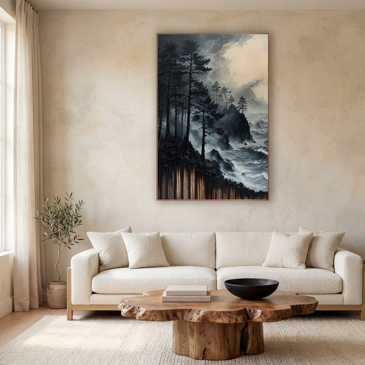 Black Pines Stormy Coast Moody wall art in a calm Japandi-style room – tall dark evergreens on a rocky coast above