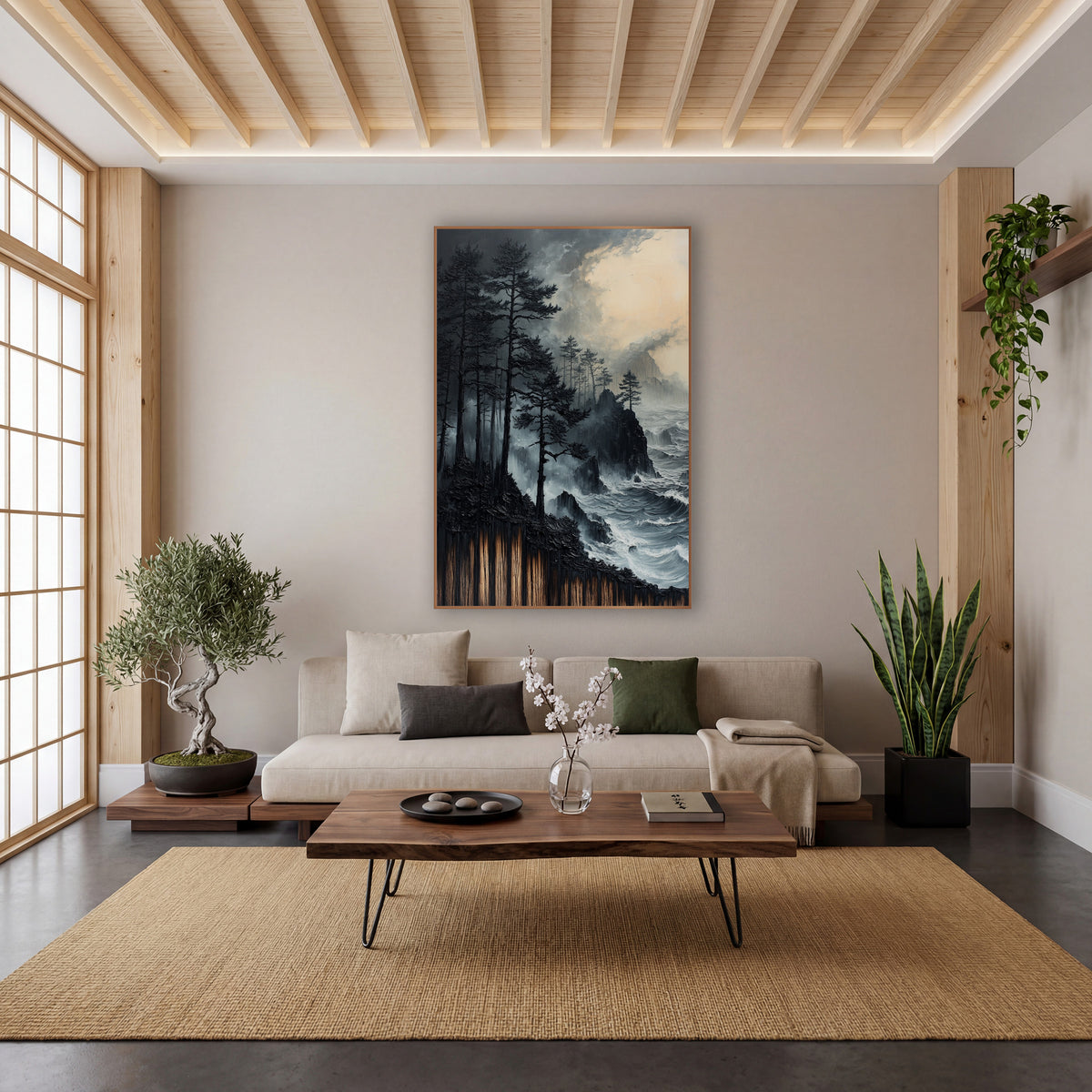 Black Pines Stormy Coast Moody wall art in a calm Japandi-style room – tall dark evergreens on a rocky coast above