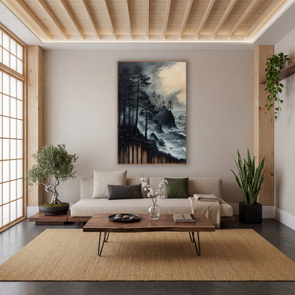 Black Pines Stormy Coast Moody wall art in a calm Japandi-style room – tall dark evergreens on a rocky coast above