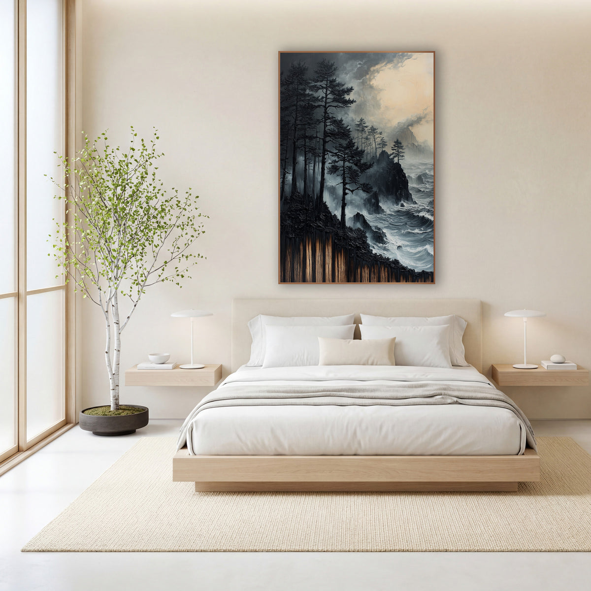 Black Pines Stormy Coast Moody wall art in a calm Japandi-style room – tall dark evergreens on a rocky coast above