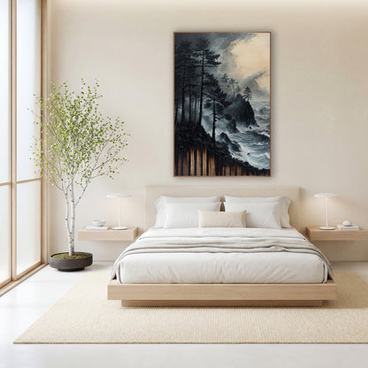Black Pines Stormy Coast Moody wall art in a calm Japandi-style room – tall dark evergreens on a rocky coast above