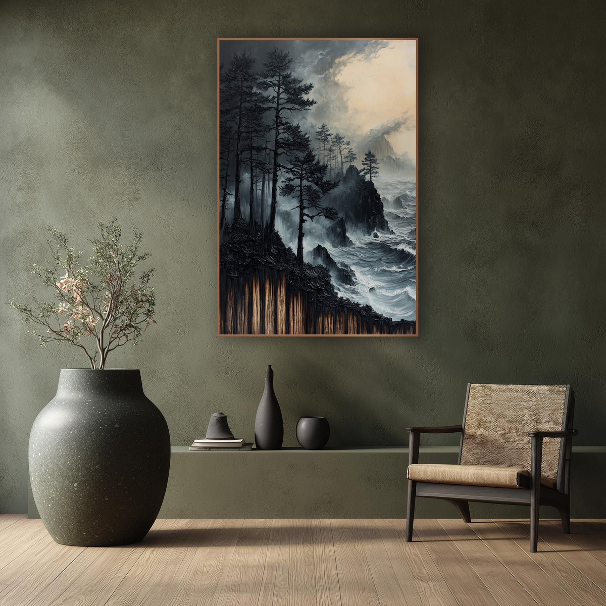 Black Pines Stormy Coast Moody wall art in a calm Japandi-style room – tall dark evergreens on a rocky coast above