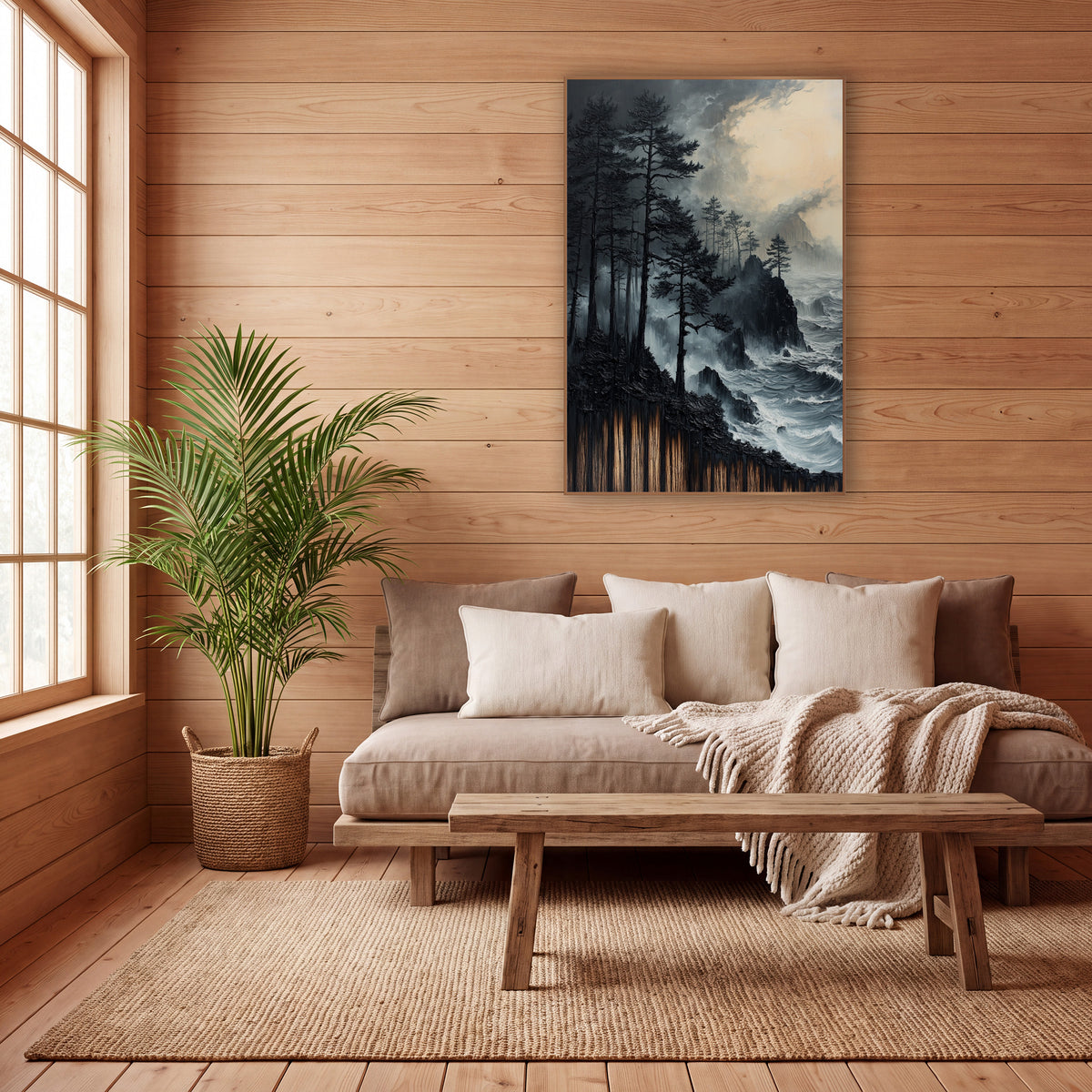 Black Pines Stormy Coast Moody wall art in a calm Japandi-style room – tall dark evergreens on a rocky coast above