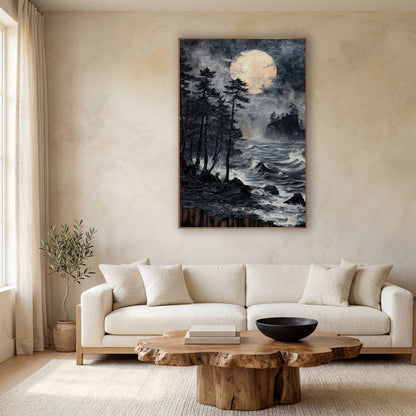 Black Pines Moonlit Coast Japandi wall art in a calm Japandi-style room – dark evergreens on a rocky shore