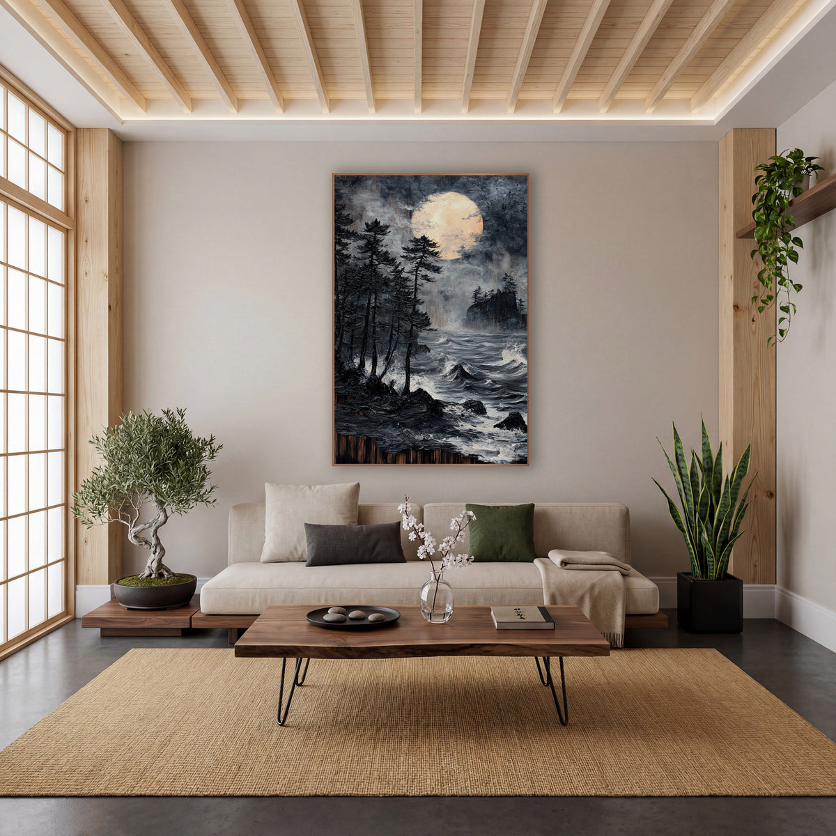 Black Pines Moonlit Coast Japandi wall art in a calm Japandi-style room – dark evergreens on a rocky shore