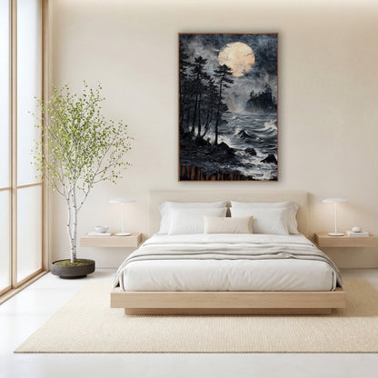 Black Pines Moonlit Coast Japandi wall art in a calm Japandi-style room – dark evergreens on a rocky shore