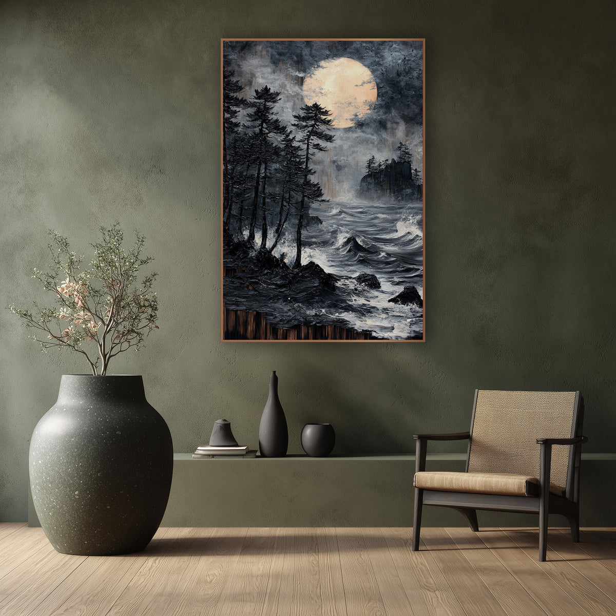 Black Pines Moonlit Coast Japandi wall art in a calm Japandi-style room – dark evergreens on a rocky shore