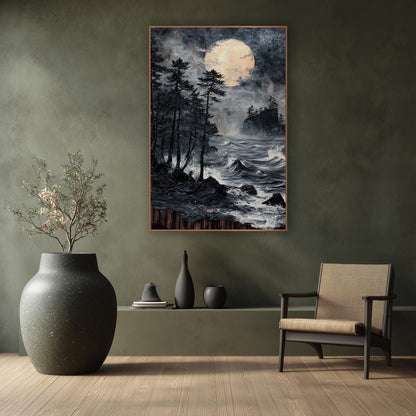 Black Pines Moonlit Coast Japandi wall art in a calm Japandi-style room – dark evergreens on a rocky shore