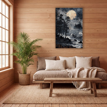 Black Pines Moonlit Coast Japandi wall art in a calm Japandi-style room – dark evergreens on a rocky shore