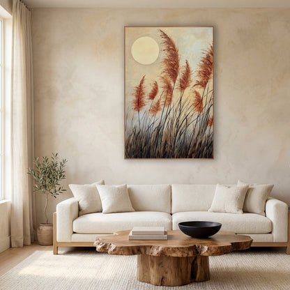 Rust Plume Grasses Japandi Moon wall art in a calm Japandi-style room – rust-orange pampas-style grass plumes leaning
