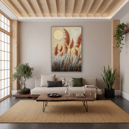 Rust Plume Grasses Japandi Moon wall art in a calm Japandi-style room – rust-orange pampas-style grass plumes leaning