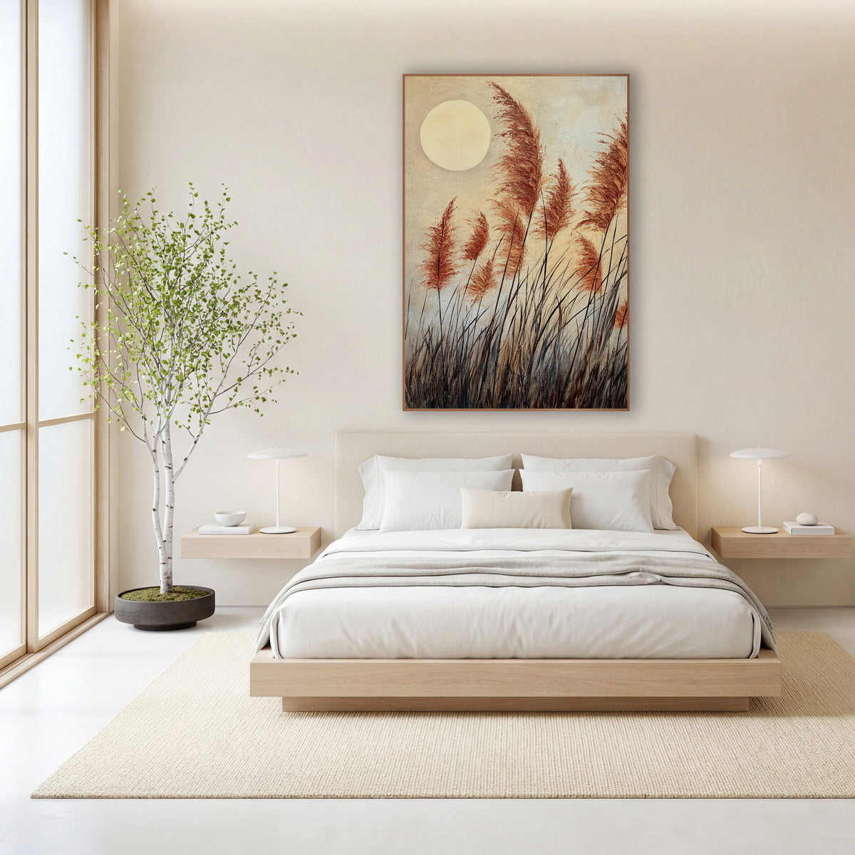 Rust Plume Grasses Japandi Moon wall art in a calm Japandi-style room – rust-orange pampas-style grass plumes leaning