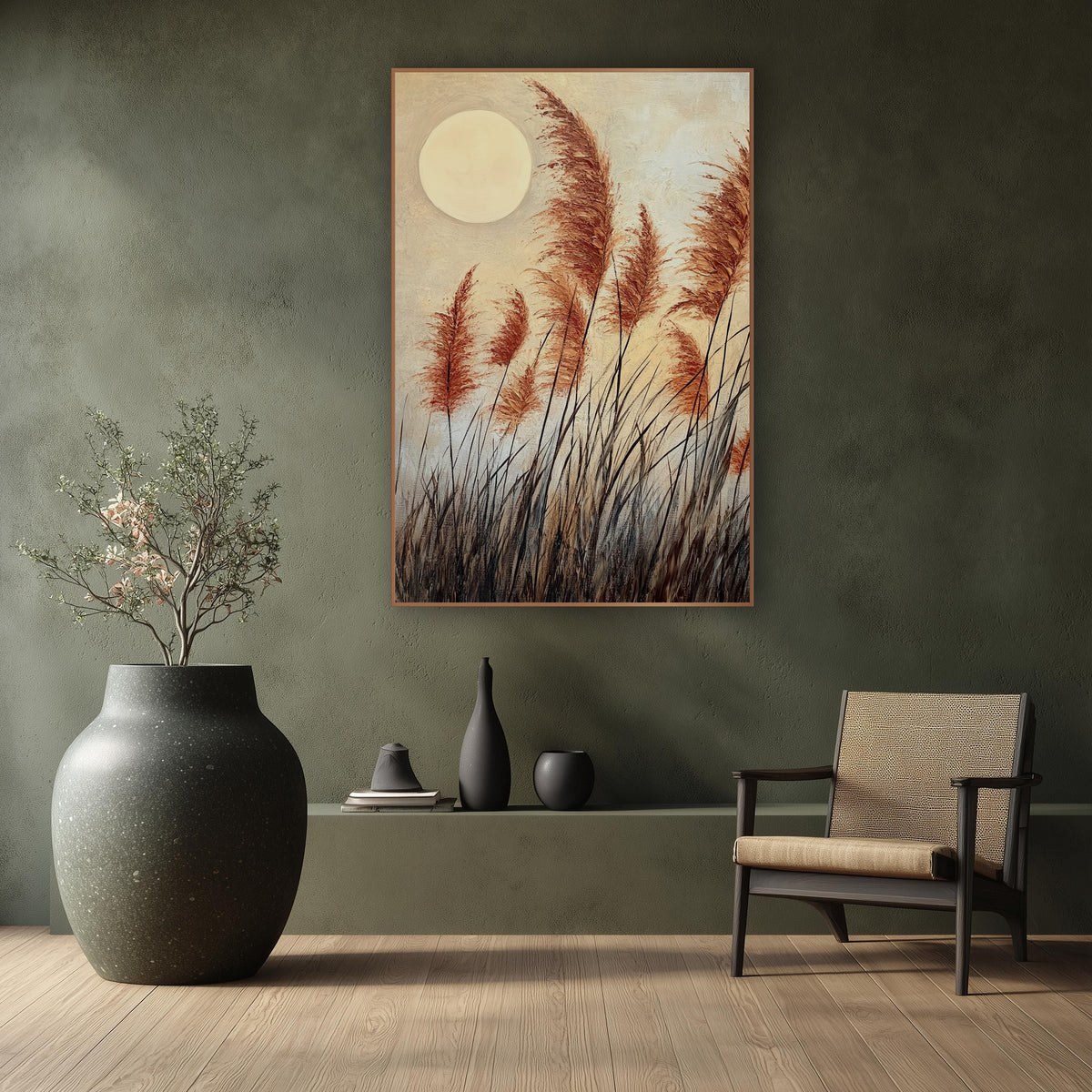 Rust Plume Grasses Japandi Moon wall art in a calm Japandi-style room – rust-orange pampas-style grass plumes leaning