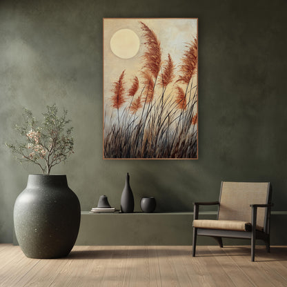 Rust Plume Grasses Japandi Moon wall art in a calm Japandi-style room – rust-orange pampas-style grass plumes leaning
