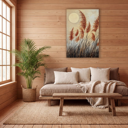 Rust Plume Grasses Japandi Moon wall art in a calm Japandi-style room – rust-orange pampas-style grass plumes leaning