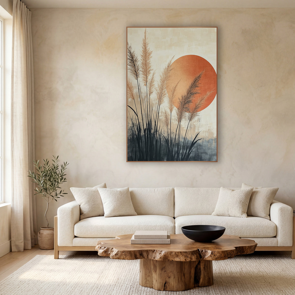 Pampas Grass Rust Sun Japandi wall art in a calm Japandi-style room – tan pampas grass plumes with dark blades