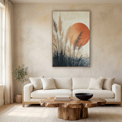 Pampas Grass Rust Sun Japandi wall art in a calm Japandi-style room – tan pampas grass plumes with dark blades