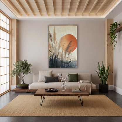 Pampas Grass Rust Sun Japandi wall art in a calm Japandi-style room – tan pampas grass plumes with dark blades