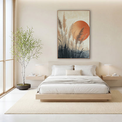 Pampas Grass Rust Sun Japandi wall art in a calm Japandi-style room – tan pampas grass plumes with dark blades