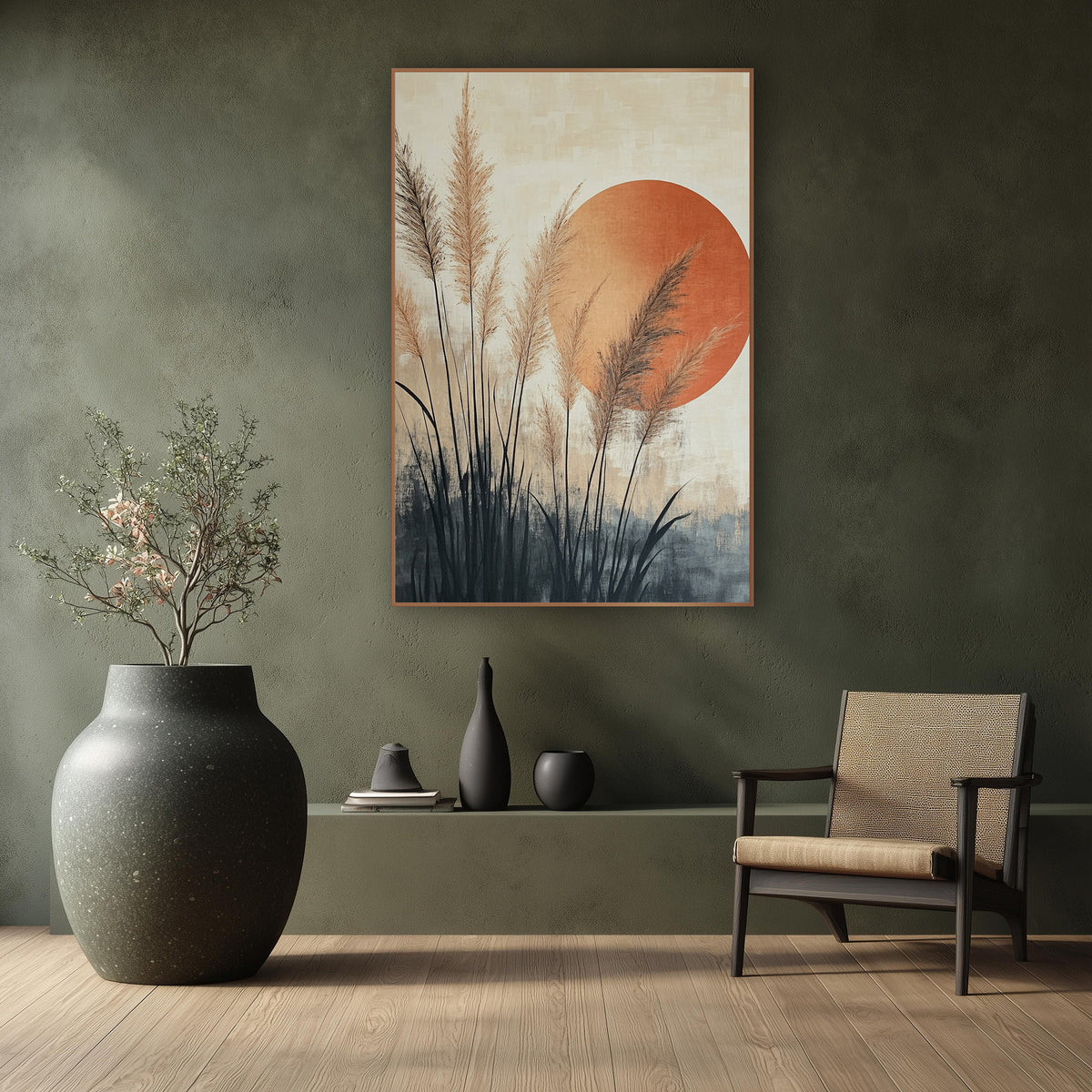 Pampas Grass Rust Sun Japandi wall art in a calm Japandi-style room – tan pampas grass plumes with dark blades