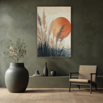 Pampas Grass Rust Sun Japandi wall art in a calm Japandi-style room – tan pampas grass plumes with dark blades