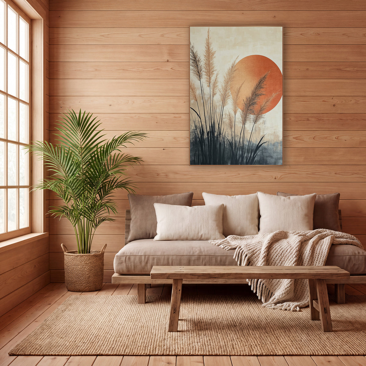 Pampas Grass Rust Sun Japandi wall art in a calm Japandi-style room – tan pampas grass plumes with dark blades