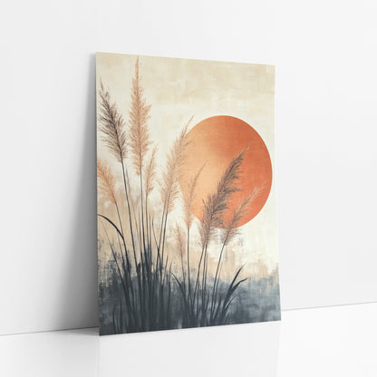Pampas Grass Rust Sun Japandi art print leaning against a white wall – tan pampas grass plumes with dark blades in front