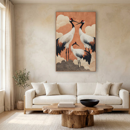 Red-Crowned Cranes Japandi Decor wall art in a calm Japandi-style room – three cranes with white bodies and black tail